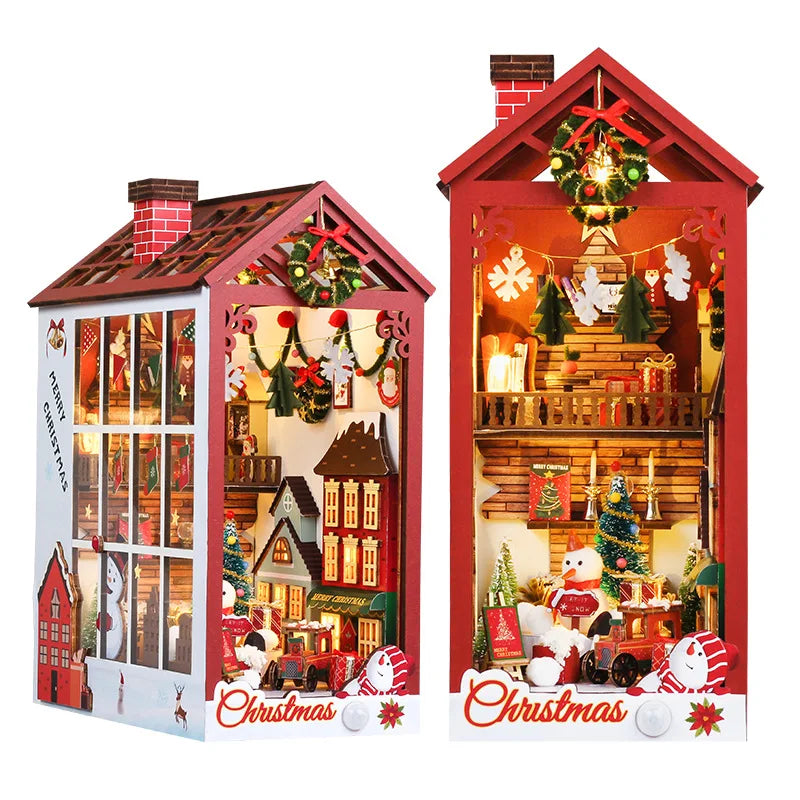 Creative 3D Christmas Book Stand Assembled Building Kits Model with Lights Wooden Puzzles Desktop Decoration Toys Gifts for Kids