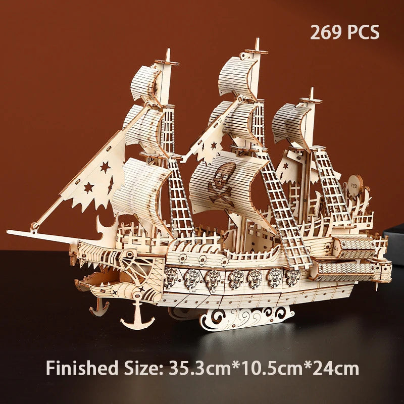 3D Puzzle DIY Wooden The Flying Dutchman Pirate Ship Assembled Miniature Model Kits Jigsaw Puzzles for Friends Birthday Gifts