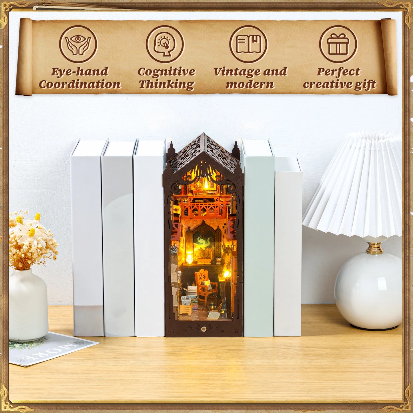 DIY Book Nook Kit 3D Wooden Puzzle Bookshelf Insert Decor with Light DIY Miniature Dollhouse Model Kit Magic Library Educational