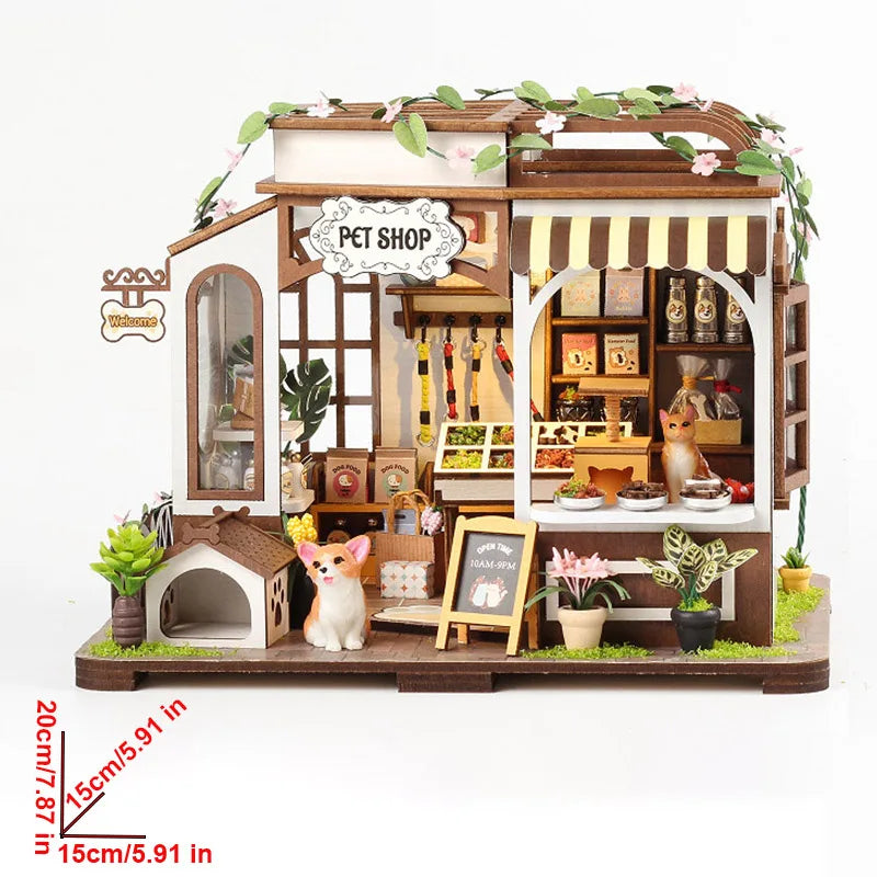 DIY Wooden Cabin Model Kit - Handmade bookstore garden pet shop Assembly House Birthday Gift Creative Handcraft Building Project