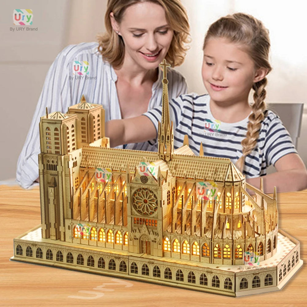 3D Wooden Puzzle Notre Dame Cathedral in Paris Royal Castle With Light Assembly Kits For Adult DIY Model Decoration for Gifts