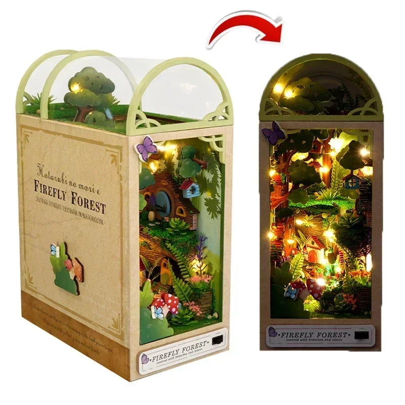 Wood Bookends Building Model Puzzle Toy Bookshelf with LED Light 3D Puzzle Assembly Bookend Creative Gifts Dollhouse Home Decor