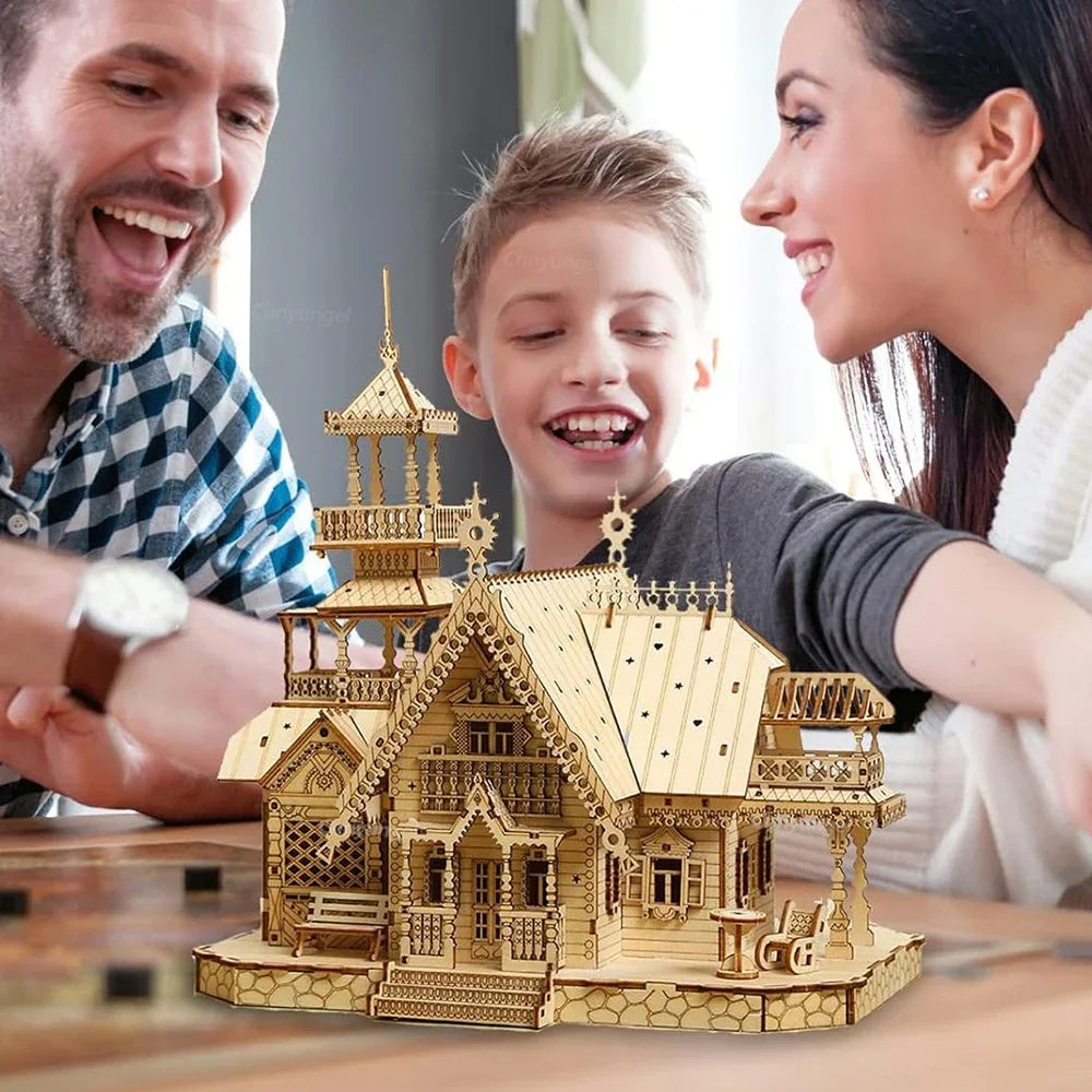 DIY Villa 3D Wooden Model Kit with Light Castle Puzzles Assembly Toy Kid Adult DIY Model Kits Desk Decoration for Gift