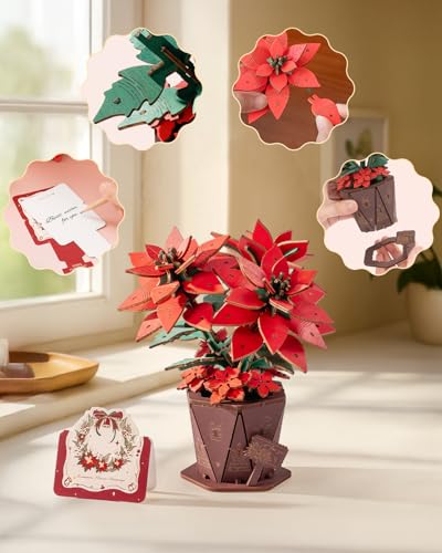 Wowood 3D Flower Wooden Puzzles for Adults-Poinsettia, DIY Wooden Flowers Model Kit Building Set Crafts for Adults to Build, Botanical Collection/Ideal Creative Gift Ideas/Housewarming (153PCS)