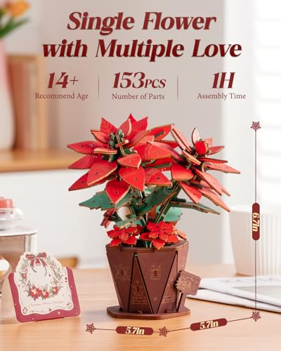 Wowood 3D Flower Wooden Puzzles for Adults-Poinsettia, DIY Wooden Flowers Model Kit Building Set Crafts for Adults to Build, Botanical Collection/Ideal Creative Gift Ideas/Housewarming (153PCS)