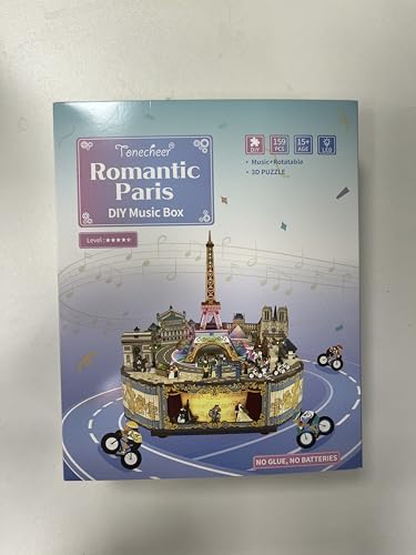 Tonecheer Wooden Music Box Puzzle for Adults, DIY Rotating Music Box Kit 3D Creative Musical Puzzle Crafts Model Building Kits Desk Decor Birthday (Romantic Paris)
