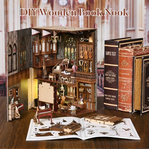 Timeless Melody Book Nook Kit, DIY Miniature Dollhouse Booknook Kit Music, 3D Wooden Puzzle Bookend Bookshelf Insert Decor with LED Light, Mini House Kit for Teens and Adults