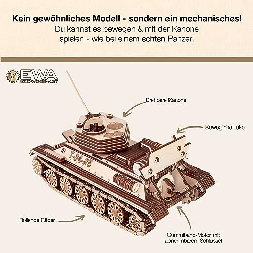 3D Wooden Puzzles for Adults - DIY T-34-85 Tank 3D Puzzle Model Kit with Rubber Band Engine, Rolling Wheels & Rotating Cannon - 3D Wooden Puzzle for 15 yrs Above & Adults - Eco Wood Art, 965 Pieces