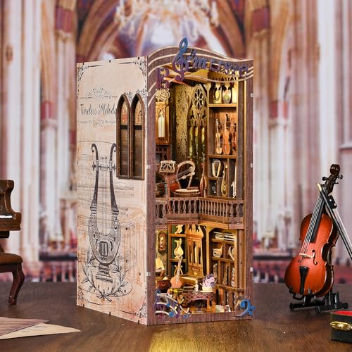 Timeless Melody Book Nook Kit, DIY Miniature Dollhouse Booknook Kit Music, 3D Wooden Puzzle Bookend Bookshelf Insert Decor with LED Light, Mini House Kit for Teens and Adults