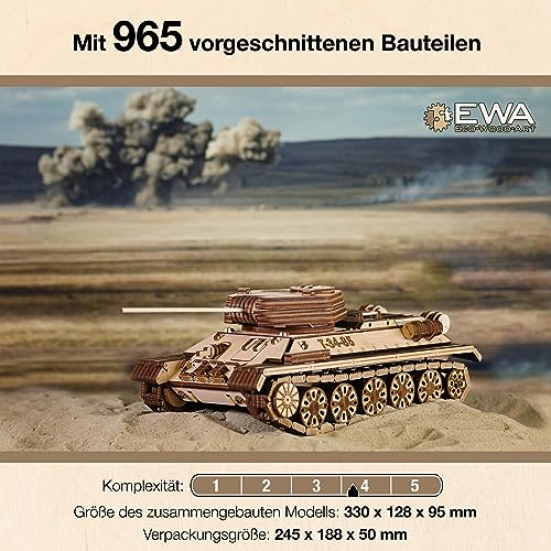 3D Wooden Puzzles for Adults - DIY T-34-85 Tank 3D Puzzle Model Kit with Rubber Band Engine, Rolling Wheels & Rotating Cannon - 3D Wooden Puzzle for 15 yrs Above & Adults - Eco Wood Art, 965 Pieces