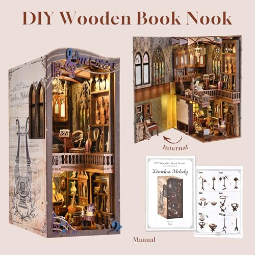 Timeless Melody Book Nook Kit, DIY Miniature Dollhouse Booknook Kit Music, 3D Wooden Puzzle Bookend Bookshelf Insert Decor with LED Light, Mini House Kit for Teens and Adults