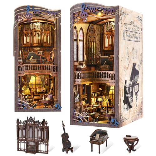 Timeless Melody Book Nook Kit, DIY Miniature Dollhouse Booknook Kit Music, 3D Wooden Puzzle Bookend Bookshelf Insert Decor with LED Light, Mini House Kit for Teens and Adults
