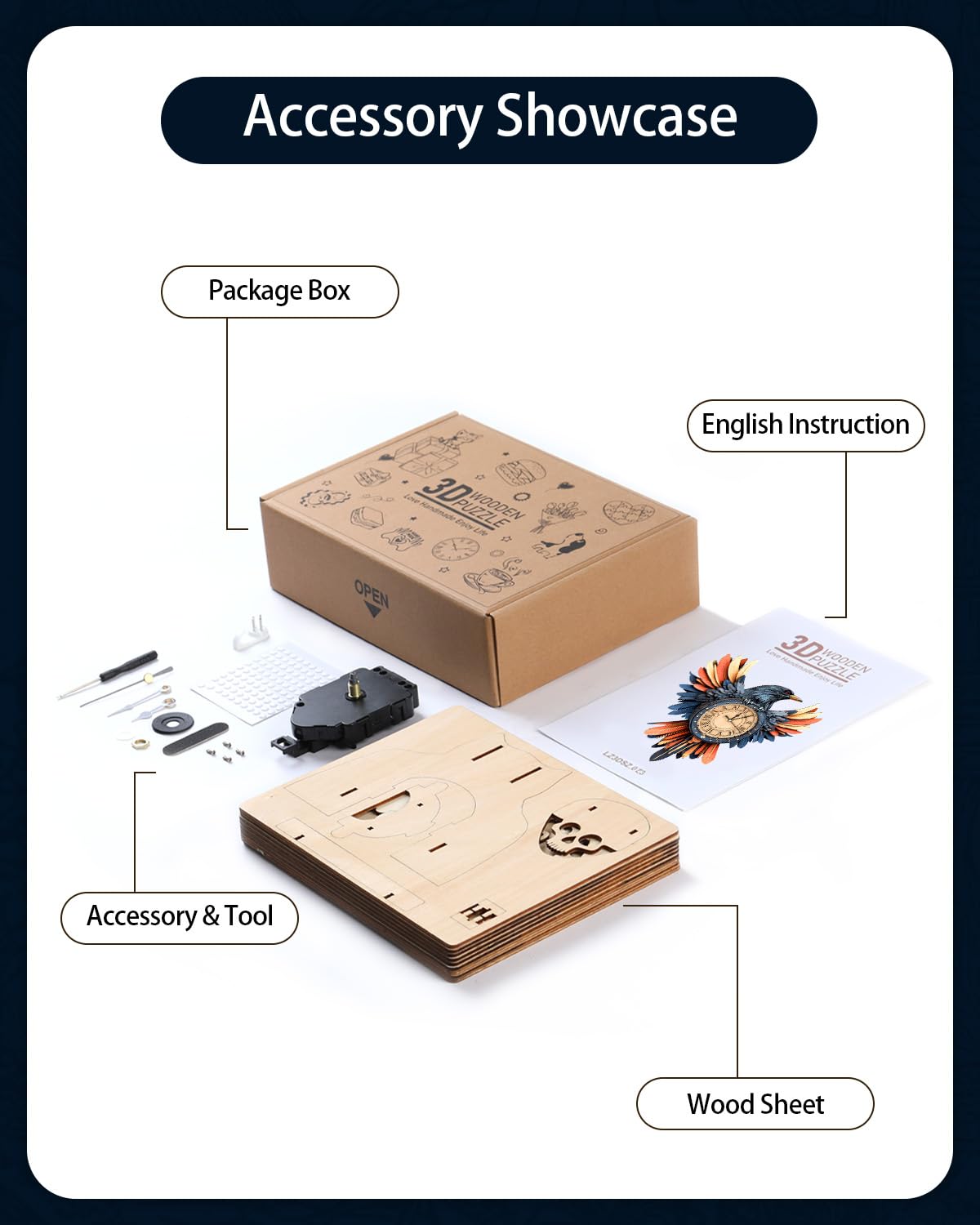 Rnfinewow 3D Wooden Puzzles for Adults,3D Puzzles for Adults Raven DIY Wall Clock Kit with Pendulum, 34 Pieces 3D Wooden Puzzles,Creative Gift Idea for Teens & Adults