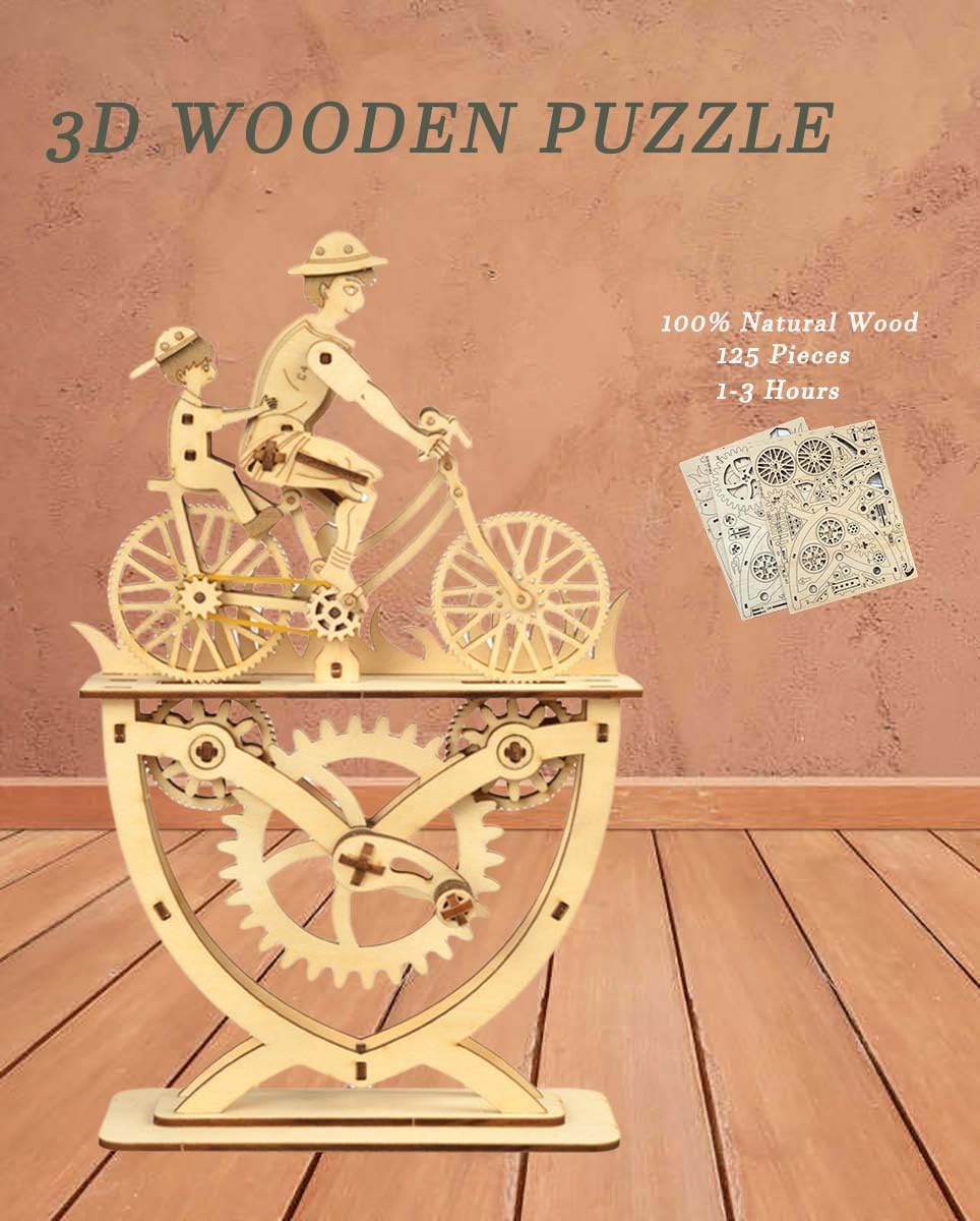 3D Puzzle for Adults, Wooden Puzzles Father Bicycle Mechanical Gear Model Building Kits, DIY Wood Crafts Unique Collection, STEM Hobbies for Women Men (Father & Son)