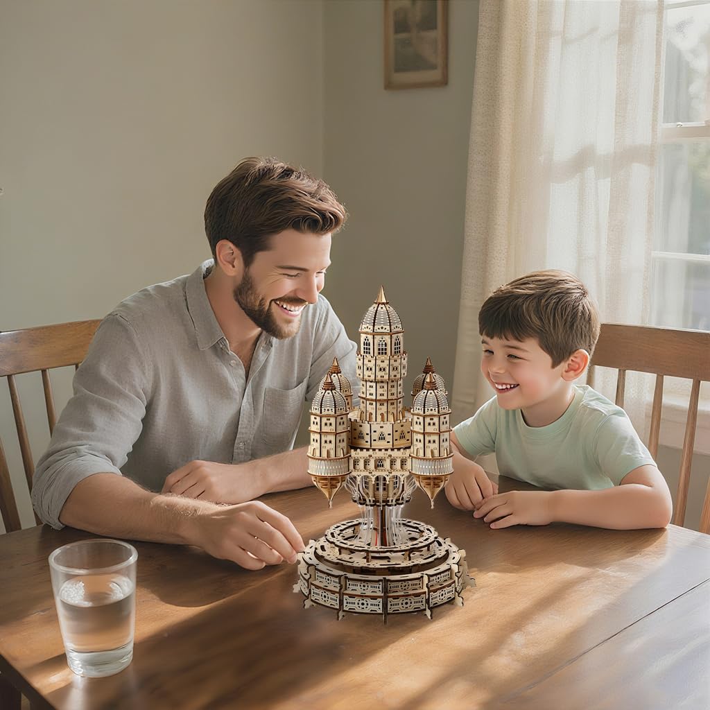 3D Wooden Castle Music Box Puzzle Kit, 521 Pieces LED Light DIY Mechanical Model Building Kit for Adults & Teens,Unique Creative Gift Idea