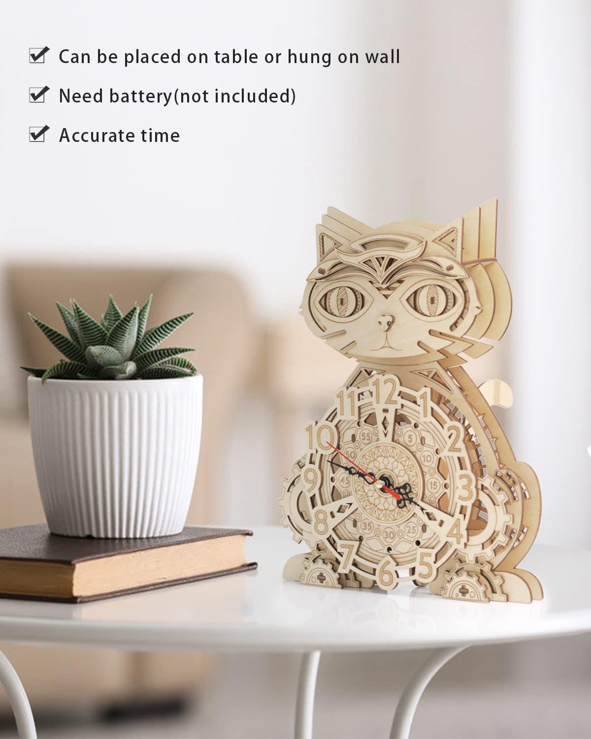 Wooden 3D Puzzles for Adults Model kit Cat Clock Kids Wall Clock Decor for Birthday Gift/Christmas Day