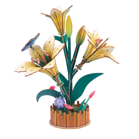 3D Wooden Flower Puzzles for Adults Lily, DIY Flower Building Set Wooden Craft Kits Home Decoration, for Women Mom Birthday Thanksgiving Christmas Valentine's Day