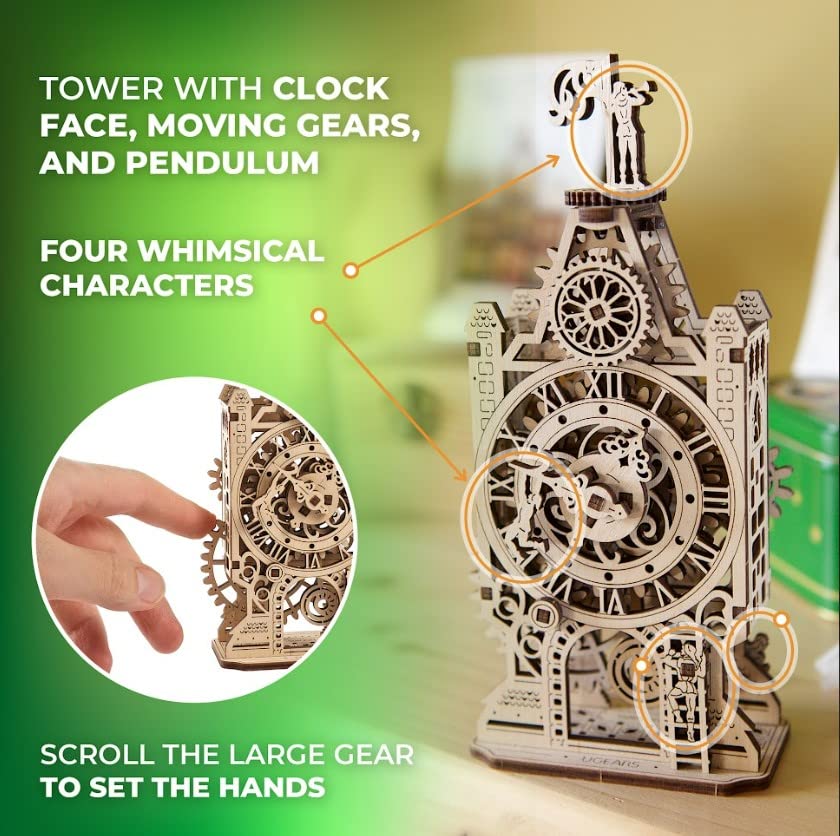 UGEARS Old Clock Tower 3D Wooden Puzzle - Wooden Mechanical Model Kit to Build - DIY Puzzle Clock Toy with Spinning Mechanism - Brain Teaser Building Set for Adults