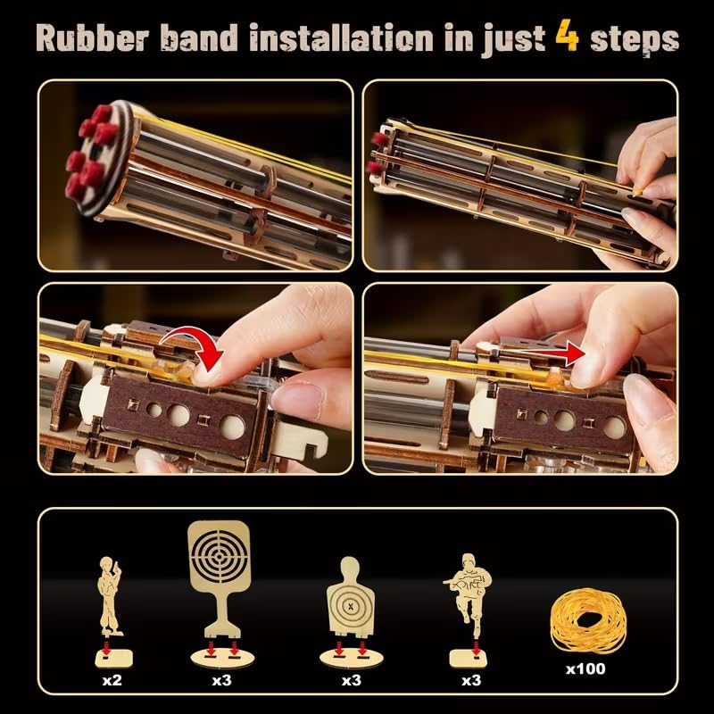 3D Wooden Puzzles Model for Adults,344 Piece Wooden Puzzle Machine Gun with Rubber Bands,Gatling Toy Gun DIY Kits for Adults Teens, Cool Craft Hobby Kits Gifts for Men Boys