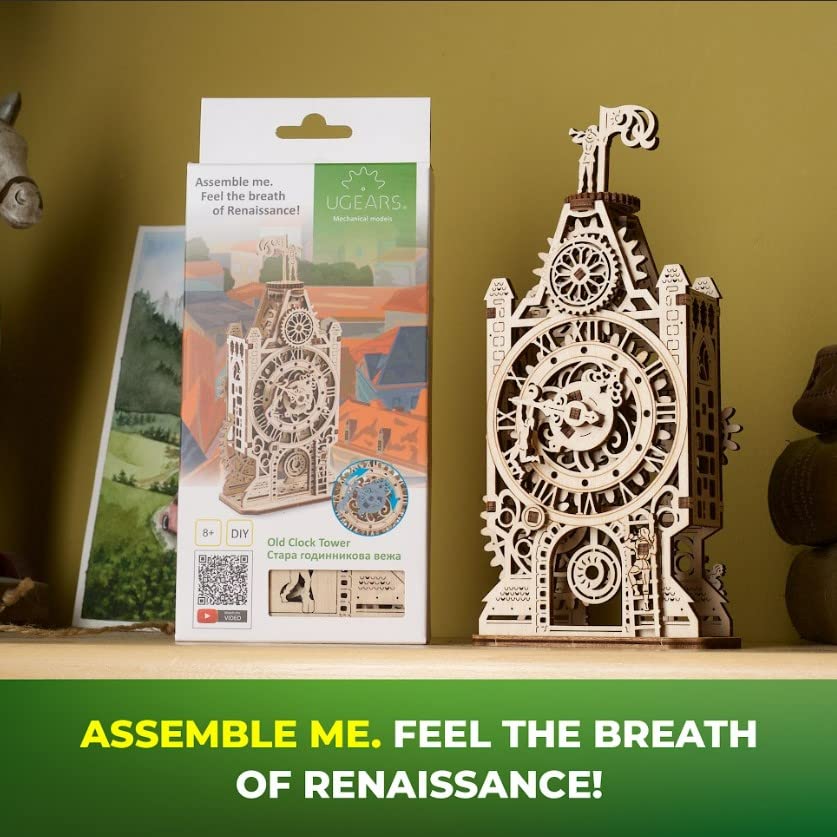 UGEARS Old Clock Tower 3D Wooden Puzzle - Wooden Mechanical Model Kit to Build - DIY Puzzle Clock Toy with Spinning Mechanism - Brain Teaser Building Set for Adults