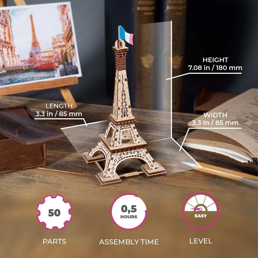 UGEARS Wooden 3D Puzzle Paris Eiffel Tower Iconic Model for Adults Easy Assembly DIY Miniature Kit 50 Pcs