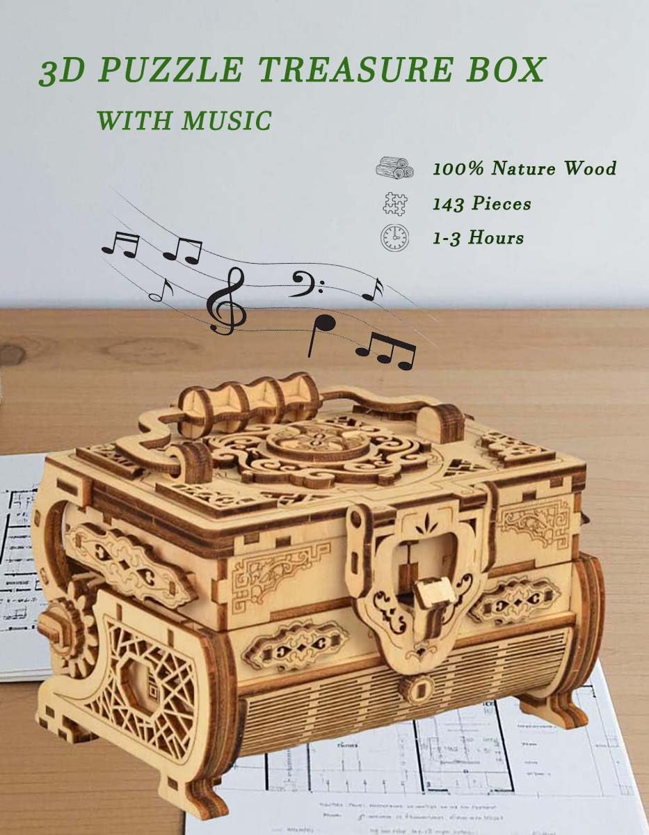 UMESEE 3D Wooden Puzzle Mechanical Treasure Box with Music, Wood Creative Assembly Model Building Kits to Build for Adults and Teens, DIY Wooden Puzzle Hobbies Projects Gift for Man Women