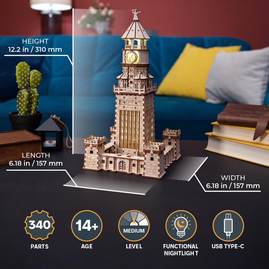 Ugears Lighthouse of Alexandria 3D Puzzle - DIY Kits for Adults 3D Wooden Puzzles with LED Nightlight - Model Building Adult Craft Wood Puzzle 340 Pcs