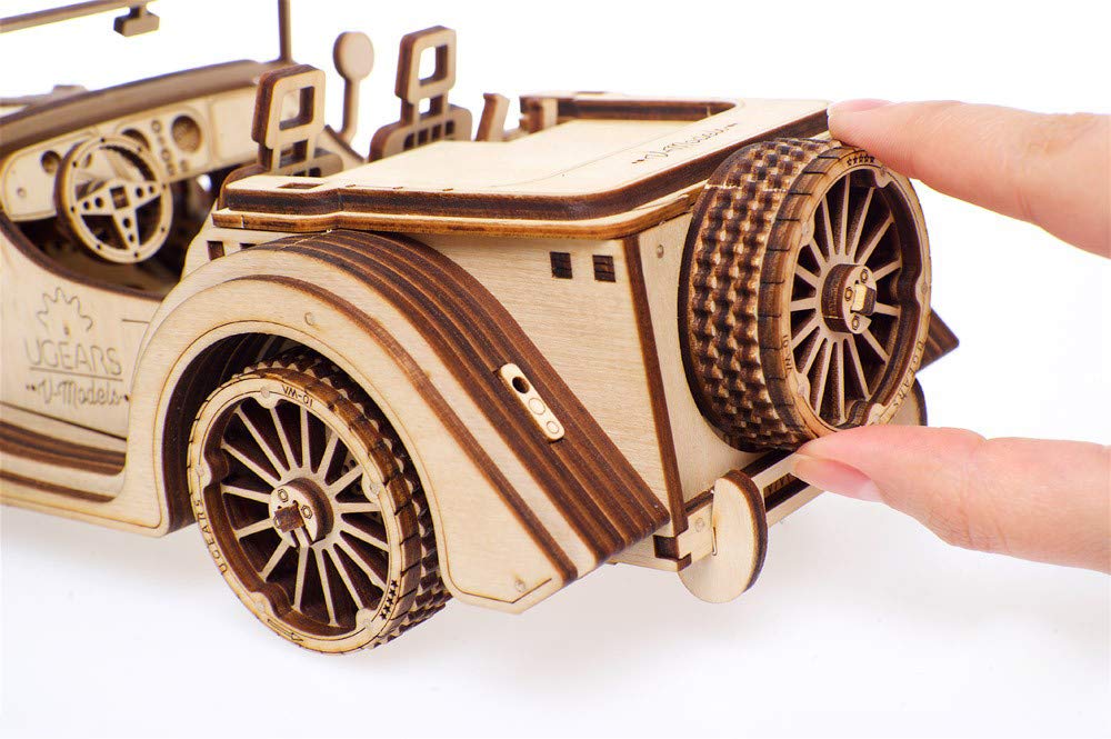 UGEARS VM-01 Roadster Vehicle – 3D Wooden car DYI – Fun Projects for Adults– 3D Mechanical Working Model Idea – Plywood Material with Transmission Integrated – Great Gift for Car Lovers