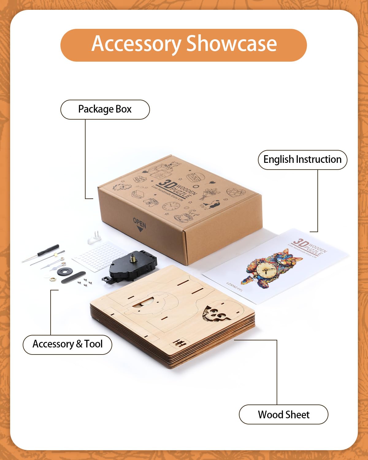 Rnfinewow 3D Wooden Puzzles for Adults, Maine Coon Cat Clock DIY Kit, Beginner 22 Pcs Wooden Puzzles, Creative Gift Ideas for Adults Teens