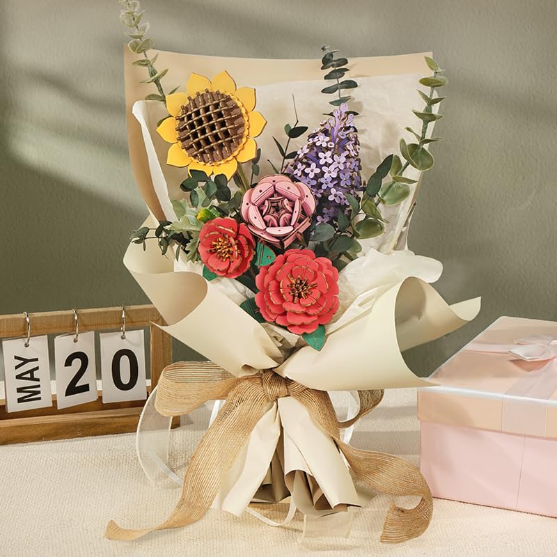ROBOTIME Forever Flowers Bouquet, Wooden Flower Bouquet Building Kit TW01H, Sunflower/Red Camellia/Pink Rose/Lilac Gift for Mom/Wife