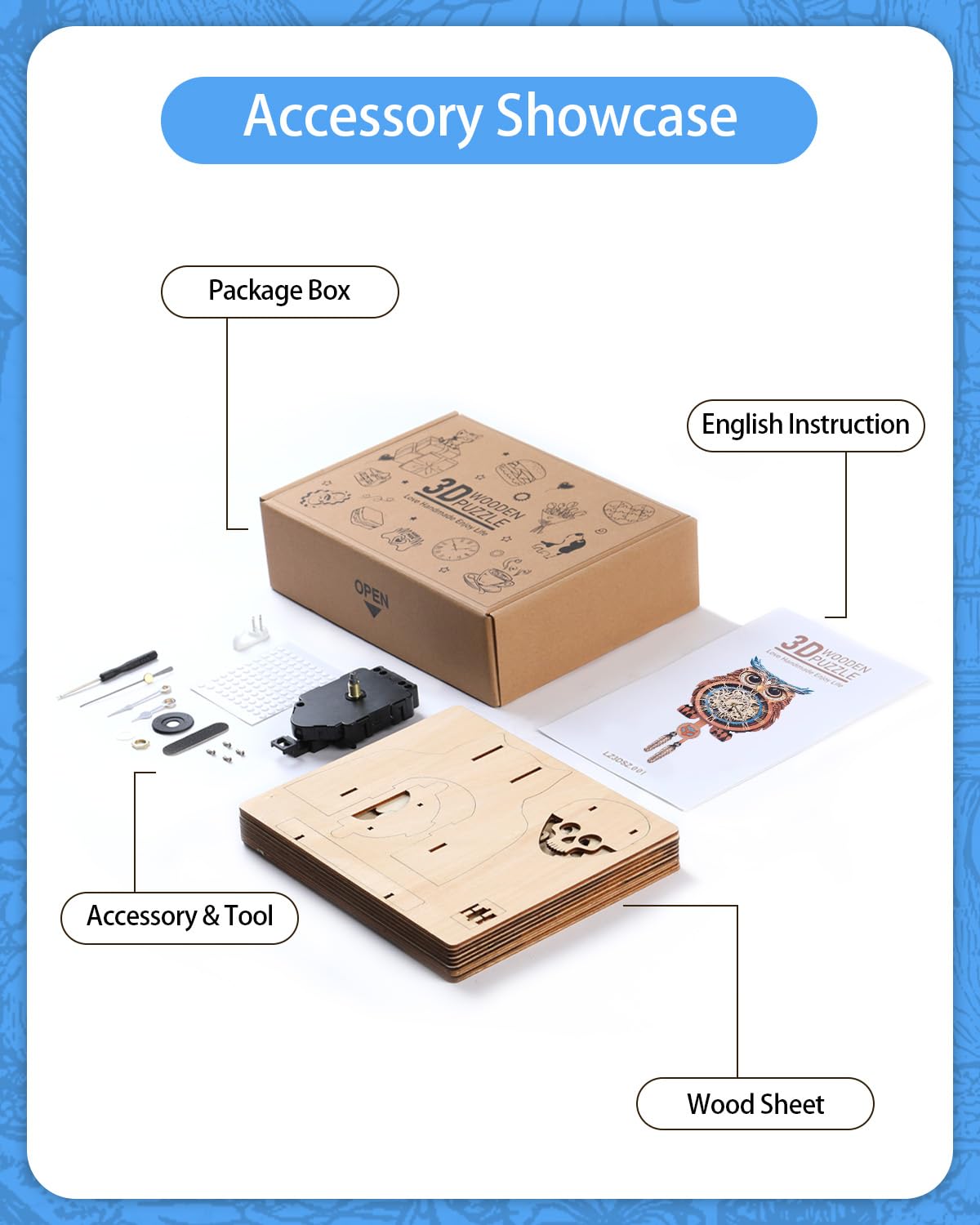 Rnfinewow 3D Wooden Puzzles for Adults, Owl Clock with Pendulum Model Kit, 3D Puzzles for Adults Room Home Decor DIY Wall Clock Kit, Holiday Birthday Christmas Day Gifts for Men Women Teens