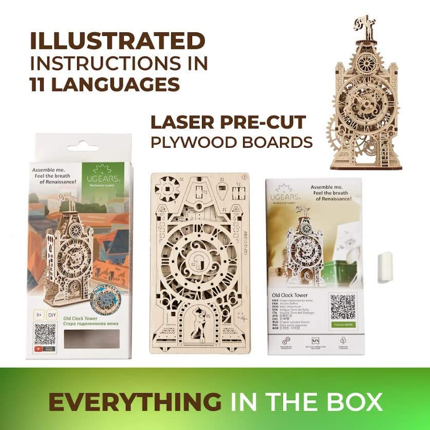 UGEARS Old Clock Tower 3D Wooden Puzzle - Wooden Mechanical Model Kit to Build - DIY Puzzle Clock Toy with Spinning Mechanism - Brain Teaser Building Set for Adults