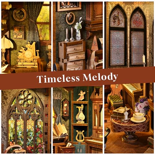 Timeless Melody Book Nook Kit, DIY Miniature Dollhouse Booknook Kit Music, 3D Wooden Puzzle Bookend Bookshelf Insert Decor with LED Light, Mini House Kit for Teens and Adults