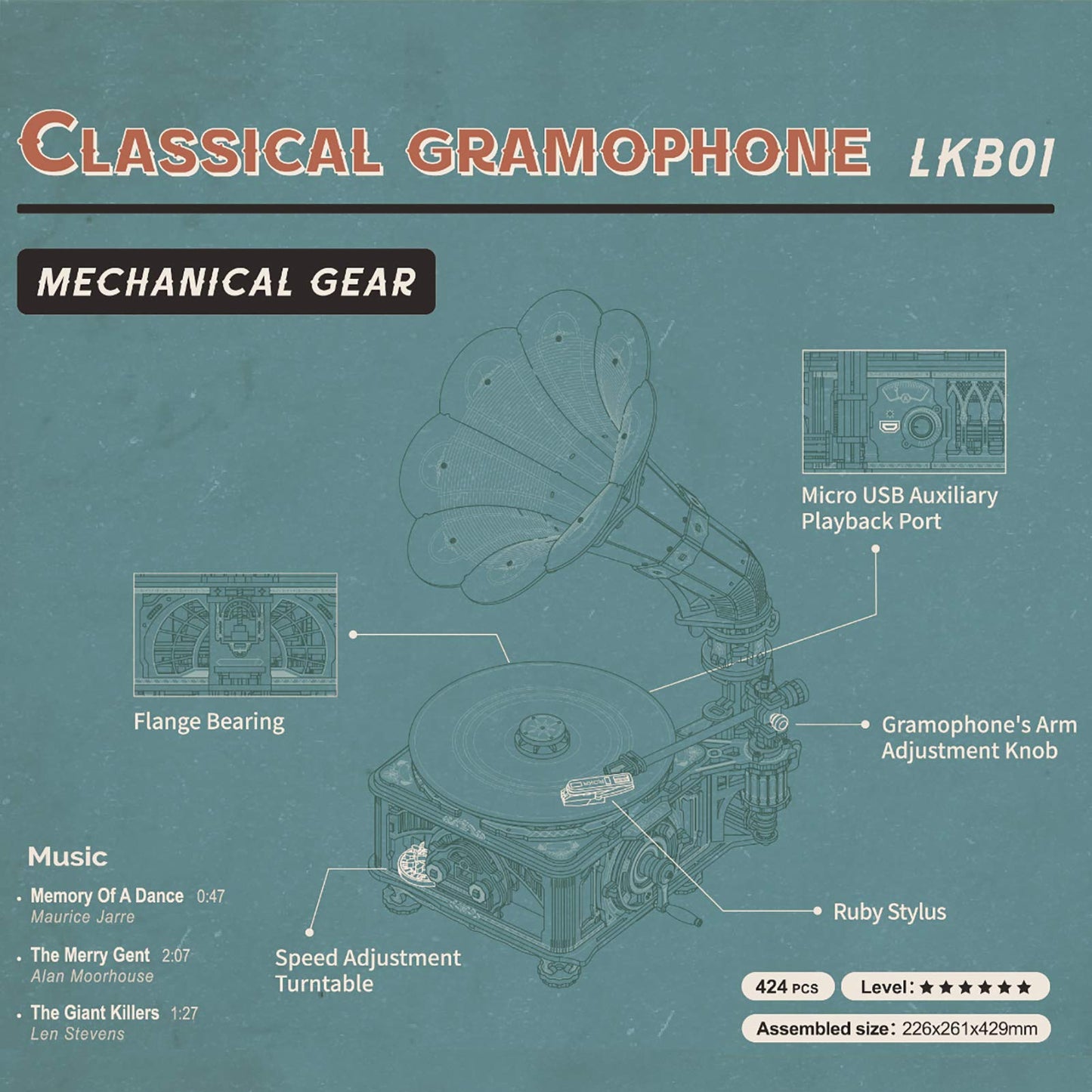 RoWood 3D Wooden Puzzle Music Record Player, Classical Mechanical Model Kit to Build, Best Gift for Adults - Gramophone