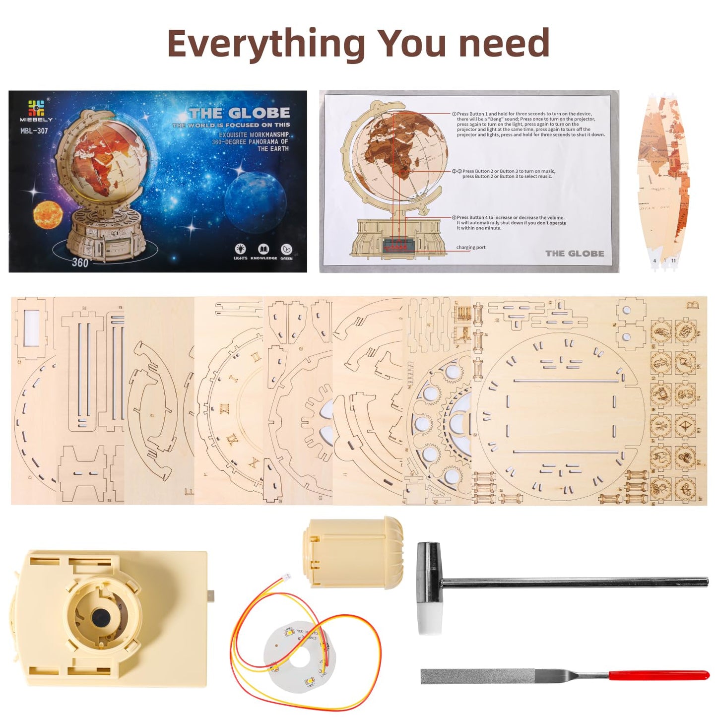MIEBELY 3D Wooden Puzzles for Adults USB Charging Illuminated Globe Music Box DIY LED Wood Model Building Kits with Space Projector Stem Toys for Kids Desk Decor for Boys/Girls Ages 8+