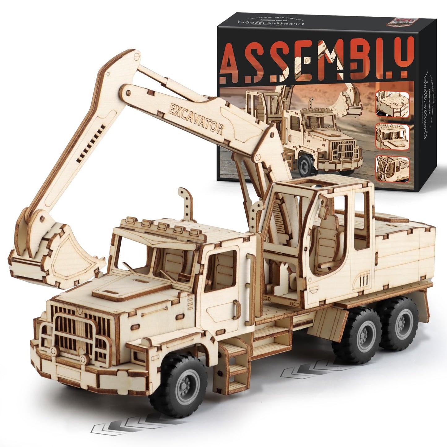 MOCBURIKU 3D Wooden Puzzle for Adults, Excavator Wooden Mechanical Model Car Kits to Build, Brain Teaser Pull Back Truck Toys Birthday for Men Women (Excavator)
