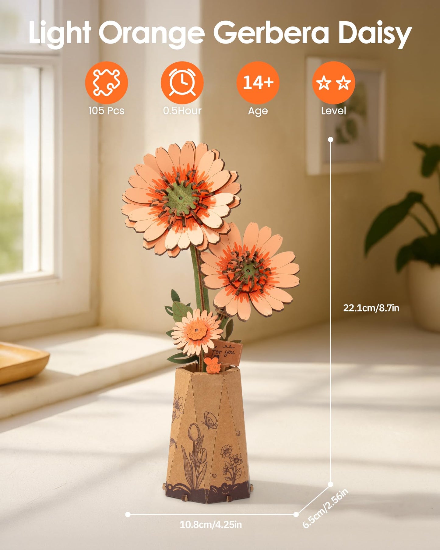 ROBOTIME 3D Puzzle Light Orange Gerbera Daisy TW111, DIY Wooden Flower Craft, Artificial Flowers Model Kit to Assemble for Adults, Home Decoration and Valentine's Day Toy Gift Set