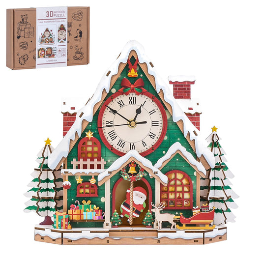 Swathie 3D Wooden Puzzles for Adults, Christmas House Clock with Pendulum Model Kit, 3D Puzzles for Adults Room Home Desk Decor DIY Clock Kit, Holiday Birthday Christmas Day Gifts for Men Women Teens