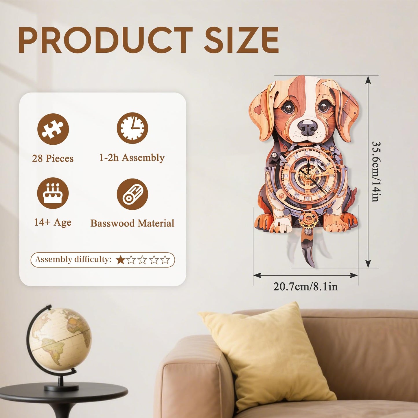 Cutywood 3D Puzzles for Adults Clock-Beagle Design Model Kit-Mechanical DIY Pendulum Clock with Roman Numerals-Desk Home Office Decor Personalized Gift for DIY Lovers