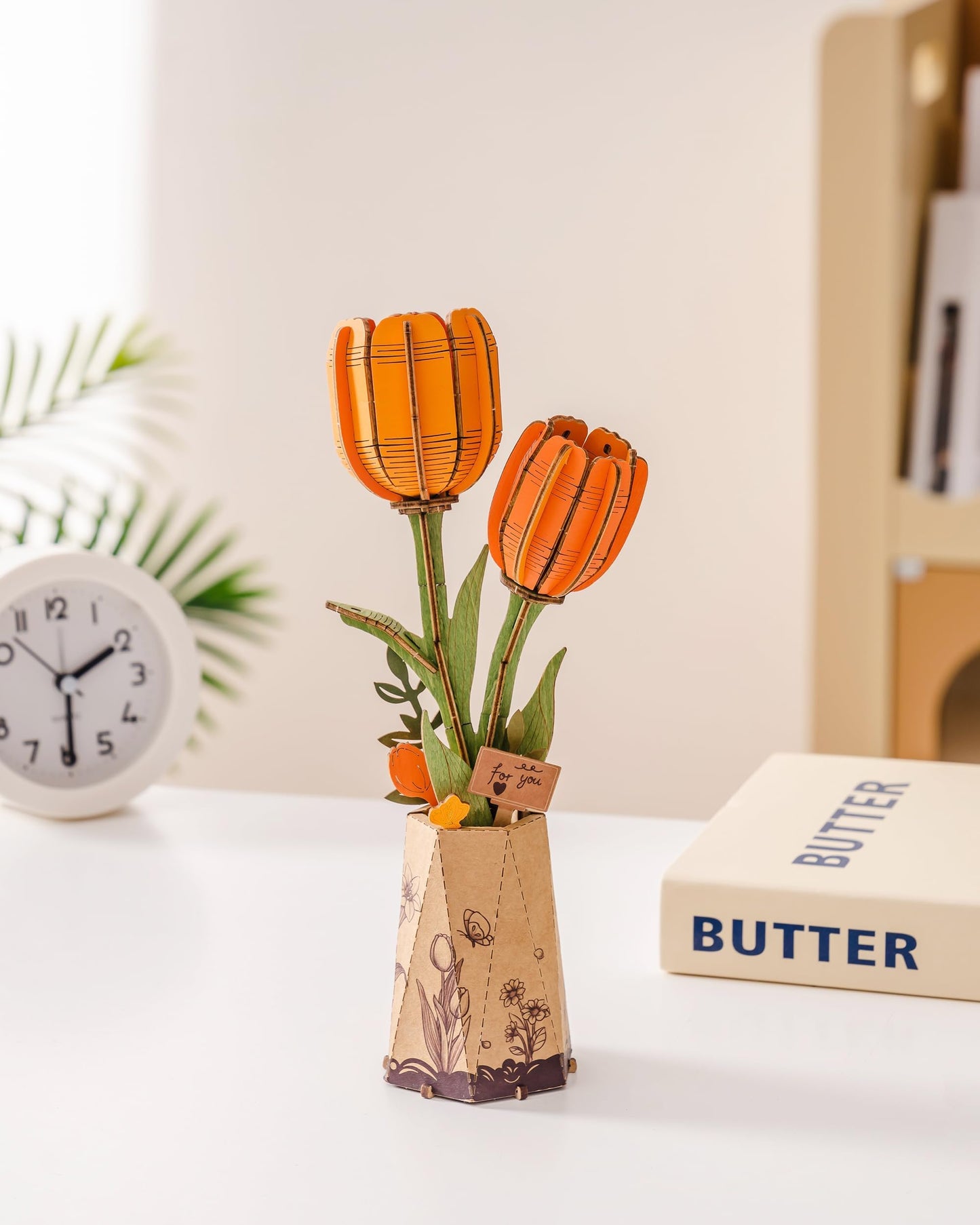 ROBOTIME 3D Puzzle Orange Tulip TW081, DIY Wooden Flower Craft, Artificial Flowers Model Kit to Assemble for Adults, Home Decoration and Valentine's Day Toy Gift Set