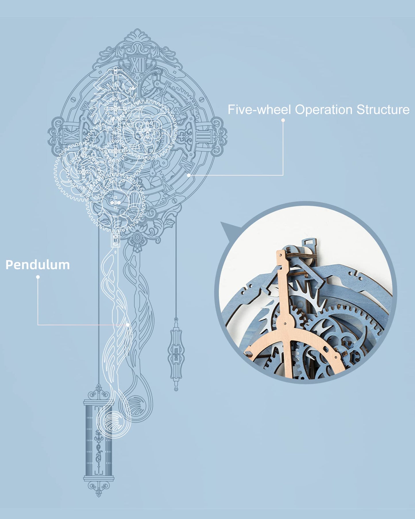 ROBOTIME Clock Wooden Puzzle, 3D Puzzle for Adults Wooden Metal Mechanical Model Clock Kits to Build, Hobbies Gift for Men Aesthetic DIY Decoration Wall Clock with Pendulum