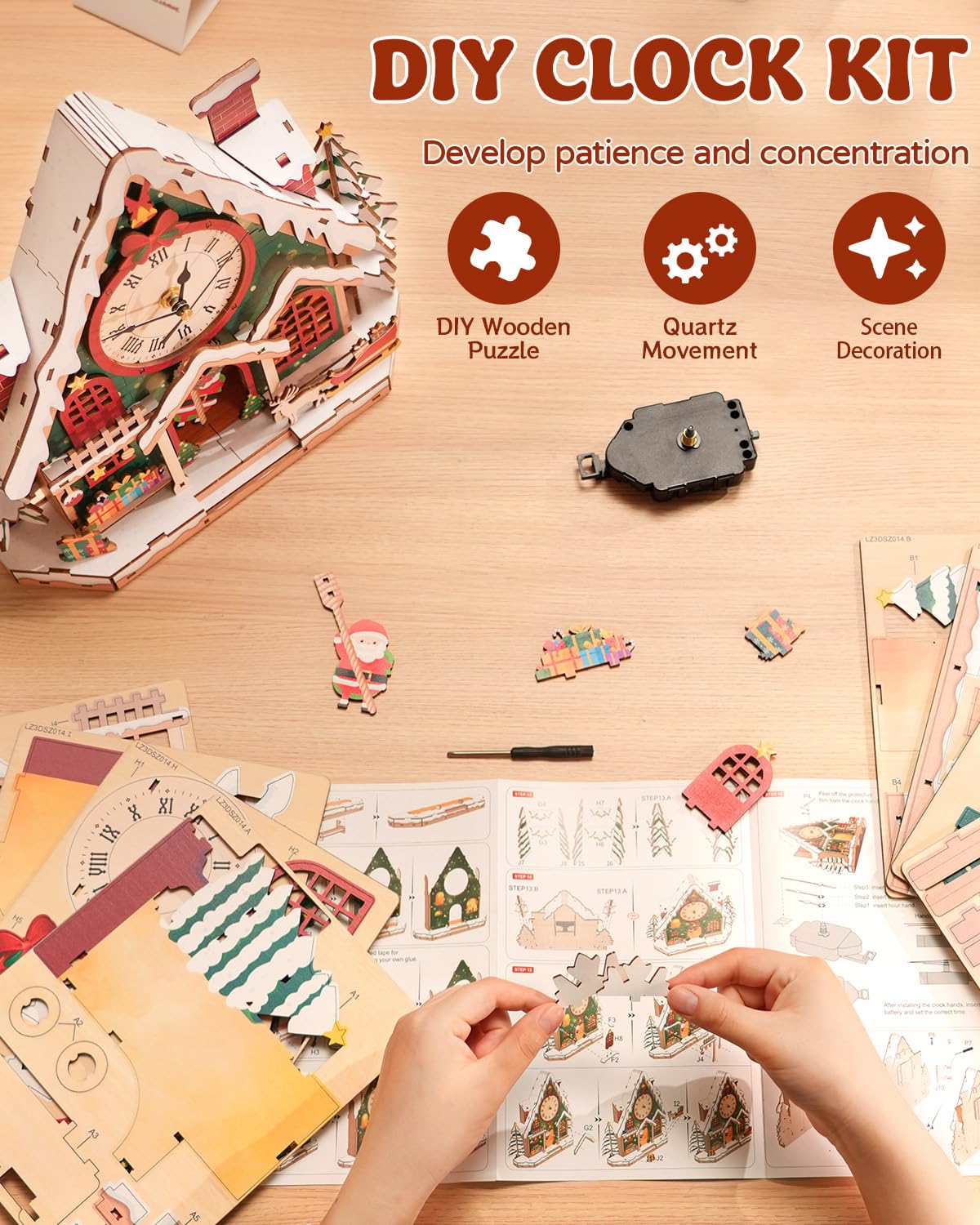 Swathie 3D Wooden Puzzles for Adults, Christmas House Clock with Pendulum Model Kit, 3D Puzzles for Adults Room Home Desk Decor DIY Clock Kit, Holiday Birthday Christmas Day Gifts for Men Women Teens