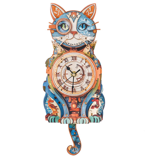 Cutywood 3D Puzzles for Adults Clock-Cat Detective Design Model Kit-Mechanical DIY Pendulum Clock with Roman Numerals-Desk Home Office Decor Personalized Gift for DIY Lovers