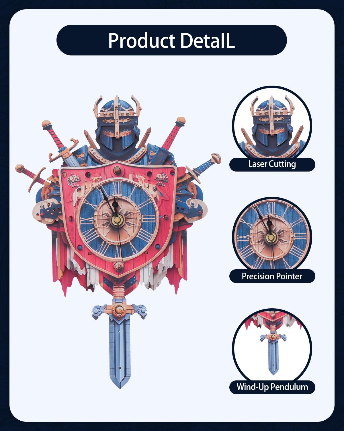 Rnfinewow 3D Wooden Puzzles for Adults, Knight Clock with Pendulum Model Kit, 3D Puzzles for Adults Room Home Decor DIY Wall Clock Kit, Holiday Birthday for Men Women Teens