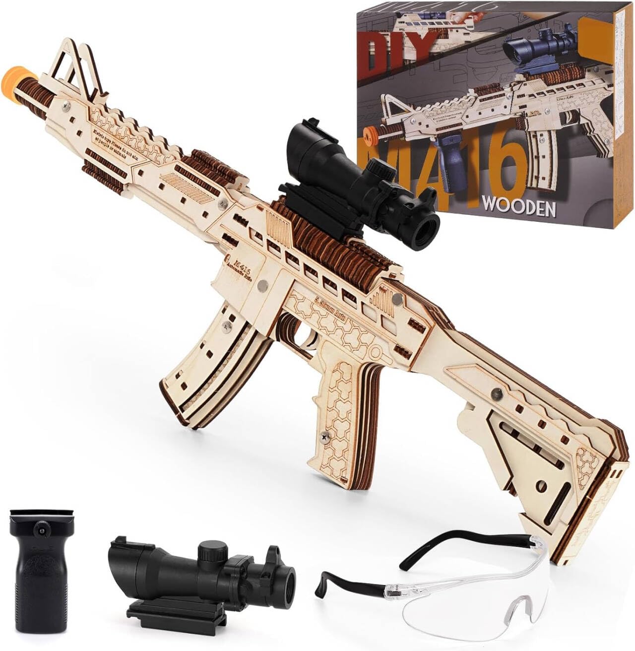 maysida 3D Wooden Puzzles for Adults, Wooden 3D Puzzle M416 Model Electric Toy Building Model Kits with Sight and Goggles, DIY Wood Crafts Cool Toys Unique Gifts Hobbies for Men Women Teens