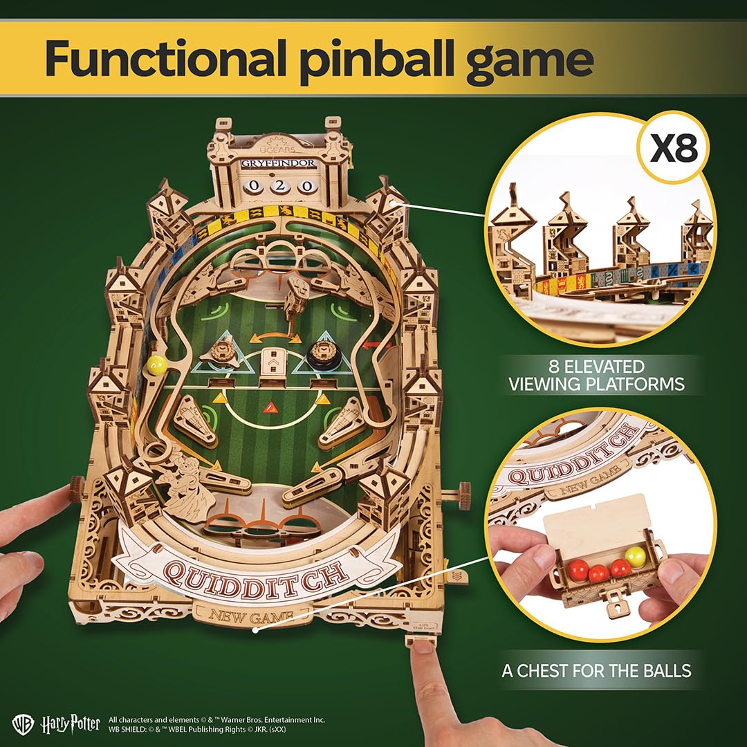 UGEARS Quidditch Pinball Machine - Harry Potter 3D Wooden Puzzles for Adults to Build Mechanical Wooden Model Kit - Working Wood Brain Teaser Pinball Game for Fathers Day - Advanced Level 402 Pcs