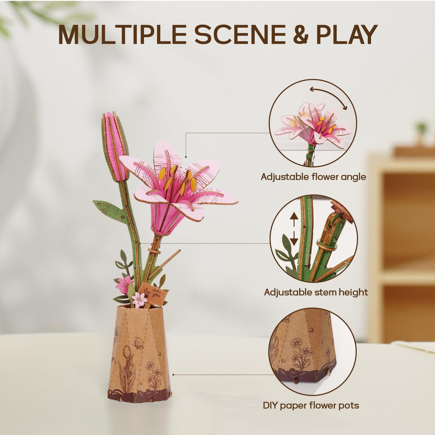 ROBOTIME 3D Wooden Lily Flower Puzzle TW071 - DIY Assembly Model Kit, Artificial Wood Flowers for Home Decoration, Relaxing Crafts for Adults, Valentine's Gift