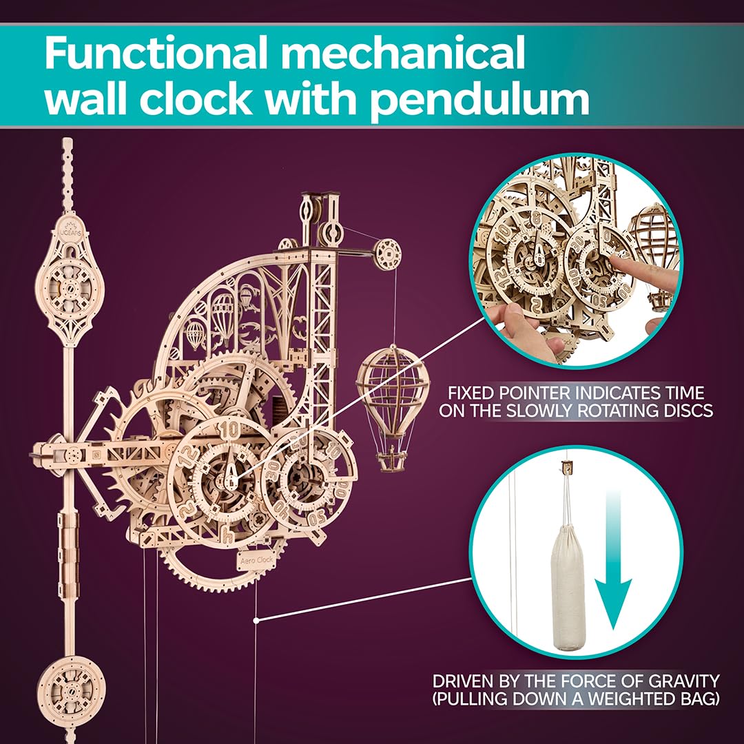 UGEARS Wooden 3D Puzzles for Adults Aero Clock - Mechanical Puzzles for Adults, Wall 3D Clock Puzzle with Pendulum Model Kit - DIY Miniature Kit Crafts Gift for Birthday - 320 Pcs
