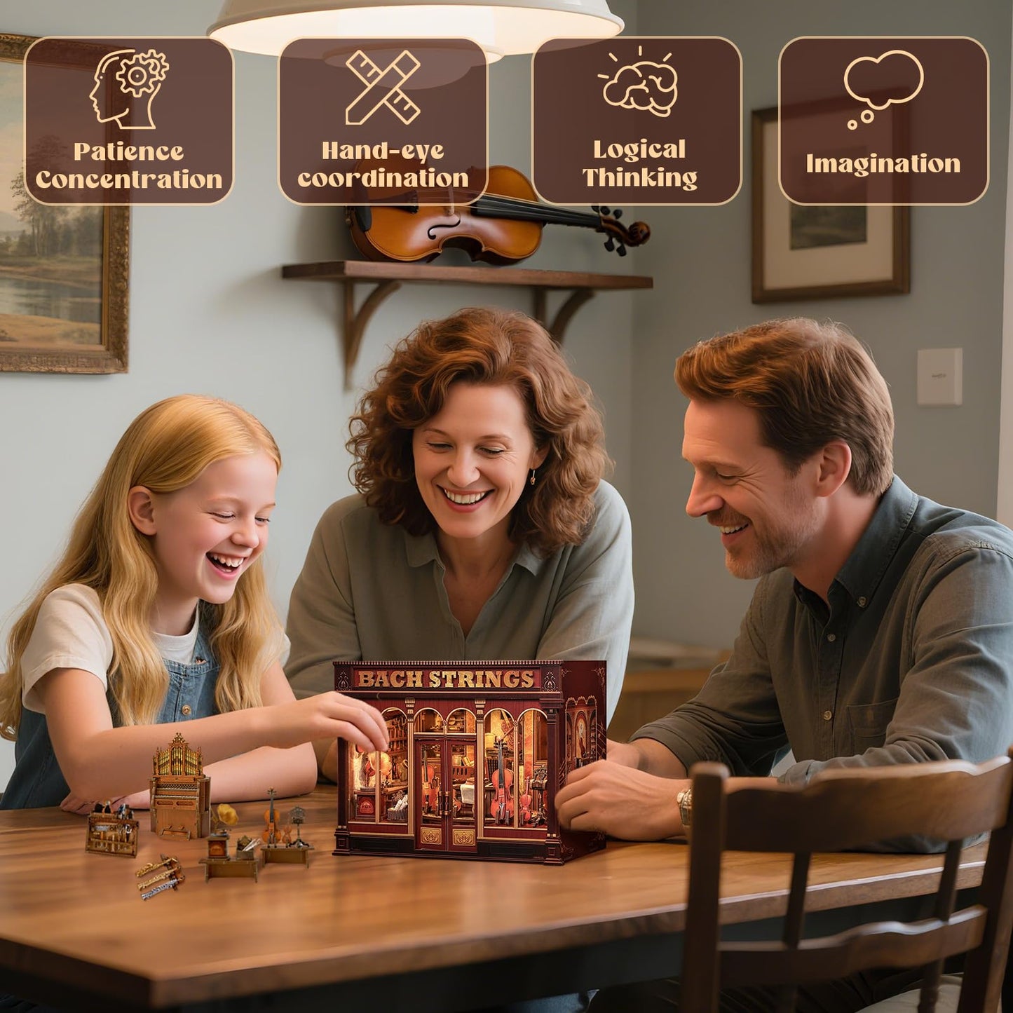 Cutefun Book Nook Kit - DIY Miniature House Dollhouse Kit, Book Nook Kits for Adults, Bookshelf Insert Bookend with LED Light for Teens and Adults (Bach Strings)