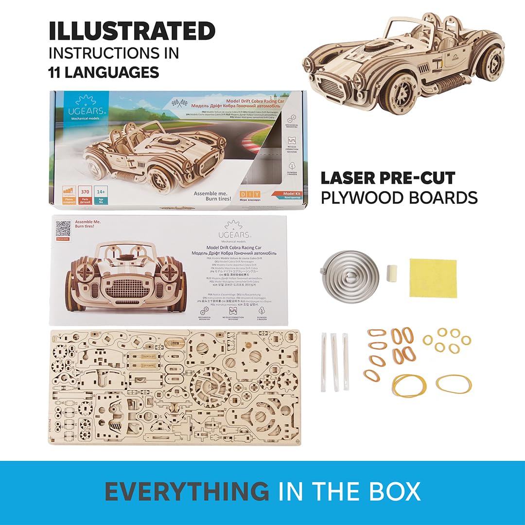 UGEARS Drift Cobra Racing Car Puzzle - Wooden 3D Puzzles for Adults to Build with Powerful Spring Motor - Wood Mechanical Models Building Kit for Fathers Day - Retro Hobbies for Men - 370 Pcs